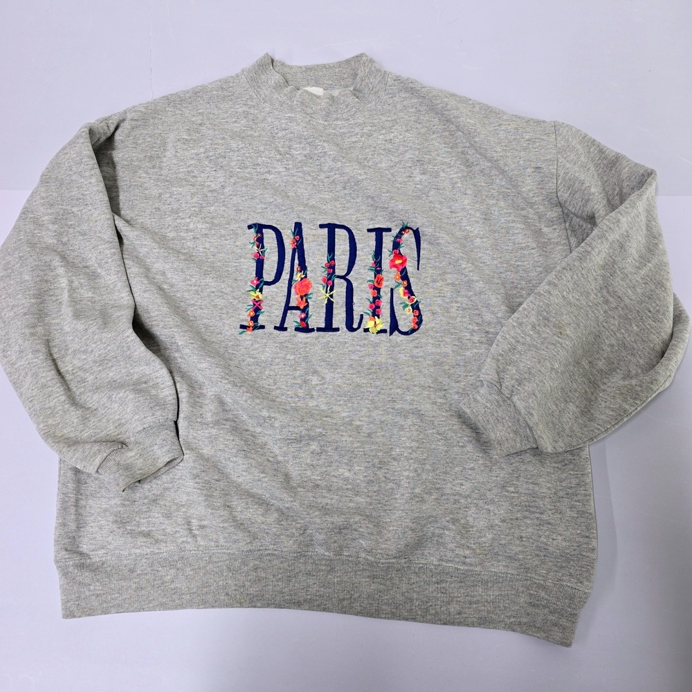 Vintage Gray Paris Embroidered Floral Sweatshirt Women's Mock Neck Pullover